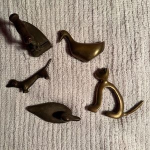 Set of 5 Vintage Brass Figures (Cat, Flat Iron, Duck, Sausage Dog, Swan)